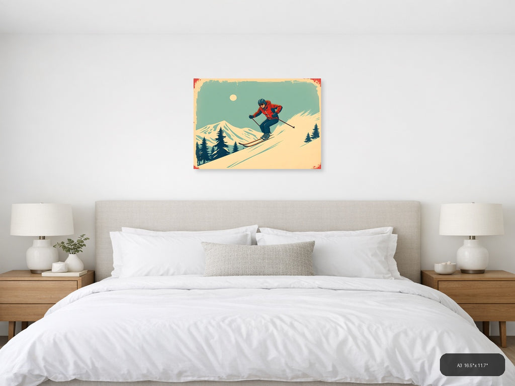 Vintage Skier on Mountain Slope Wall Art — A3 / Bedroom