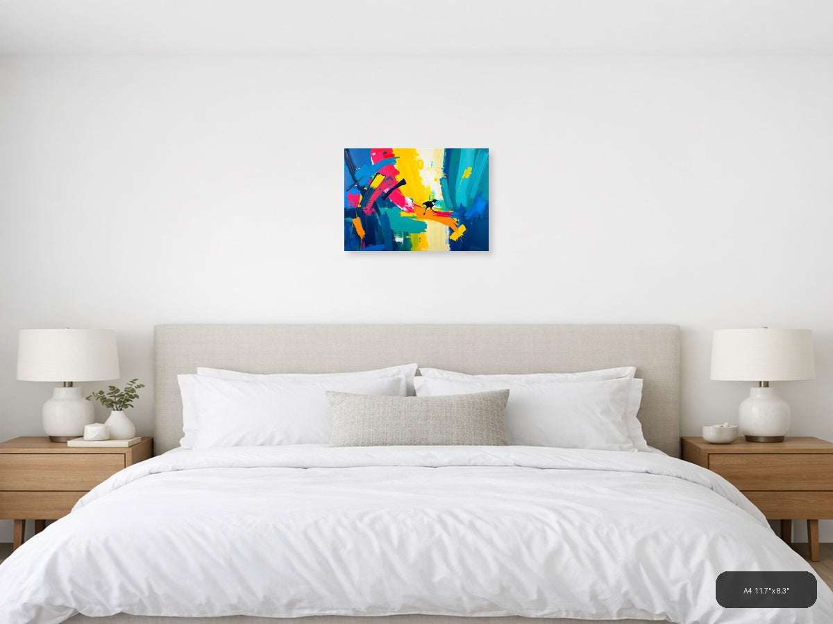 Colorful Abstract Bird on Rainbow Brushstrokes Wall Art — A4 / Bedroom