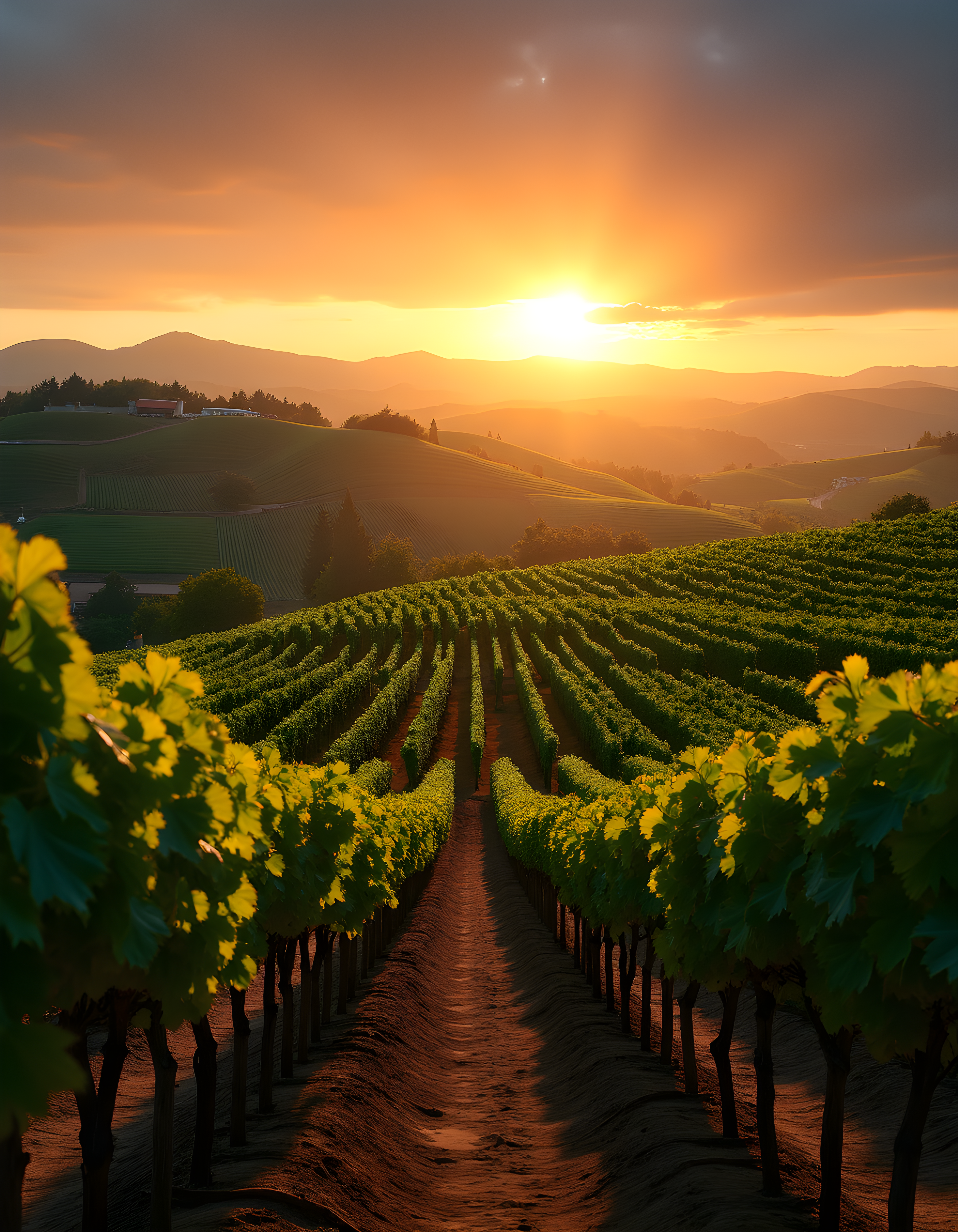 Golden Sunset Over Vineyard Rows Photography Wall Art