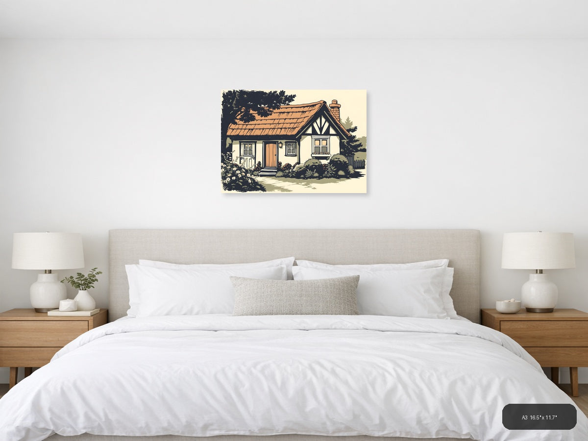 Vintage Cottage House with Garden - Landscape Wall Art — A3 / Bedroom