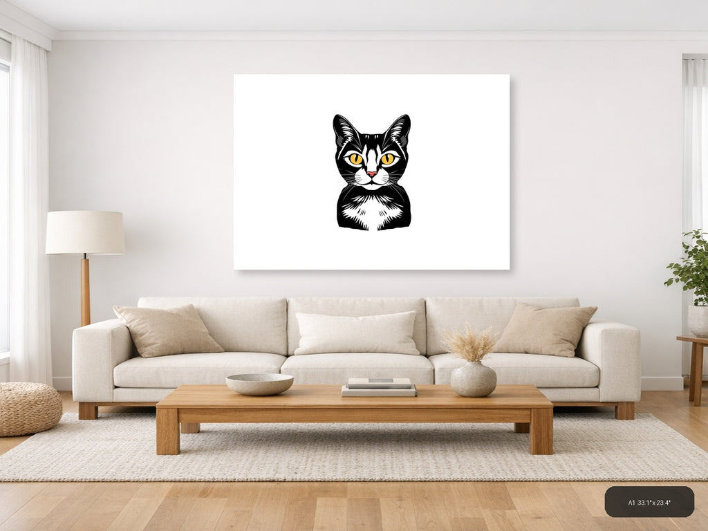 Black and White Cat with Golden Eyes | Minimalist Portrait Wall Art — A1 (Living Room)