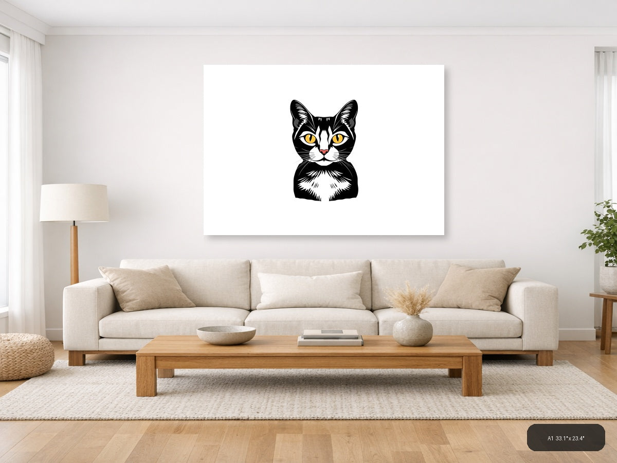 Black and White Cat with Golden Eyes | Minimalist Portrait Wall Art — A1 (Living Room)