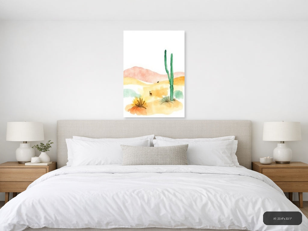 Desert Landscape with Cactus Watercolor Wall Art — A1 / Bedroom