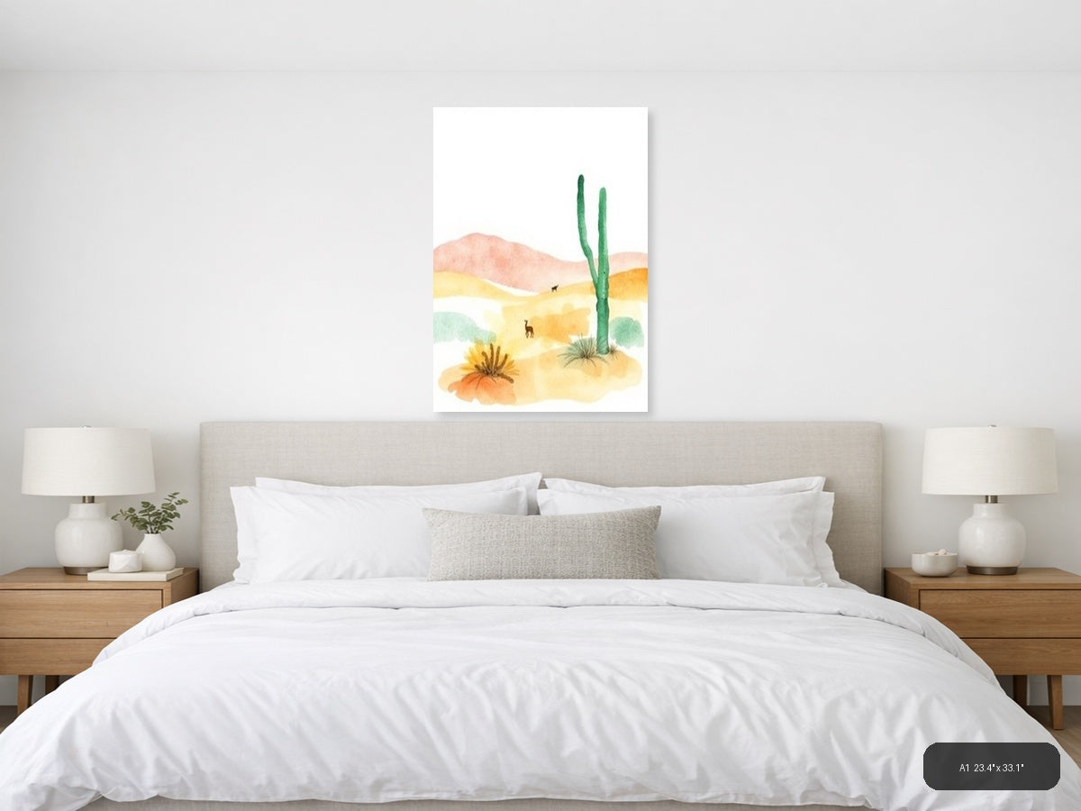 Desert Landscape with Cactus Watercolor Wall Art — A1 / Bedroom