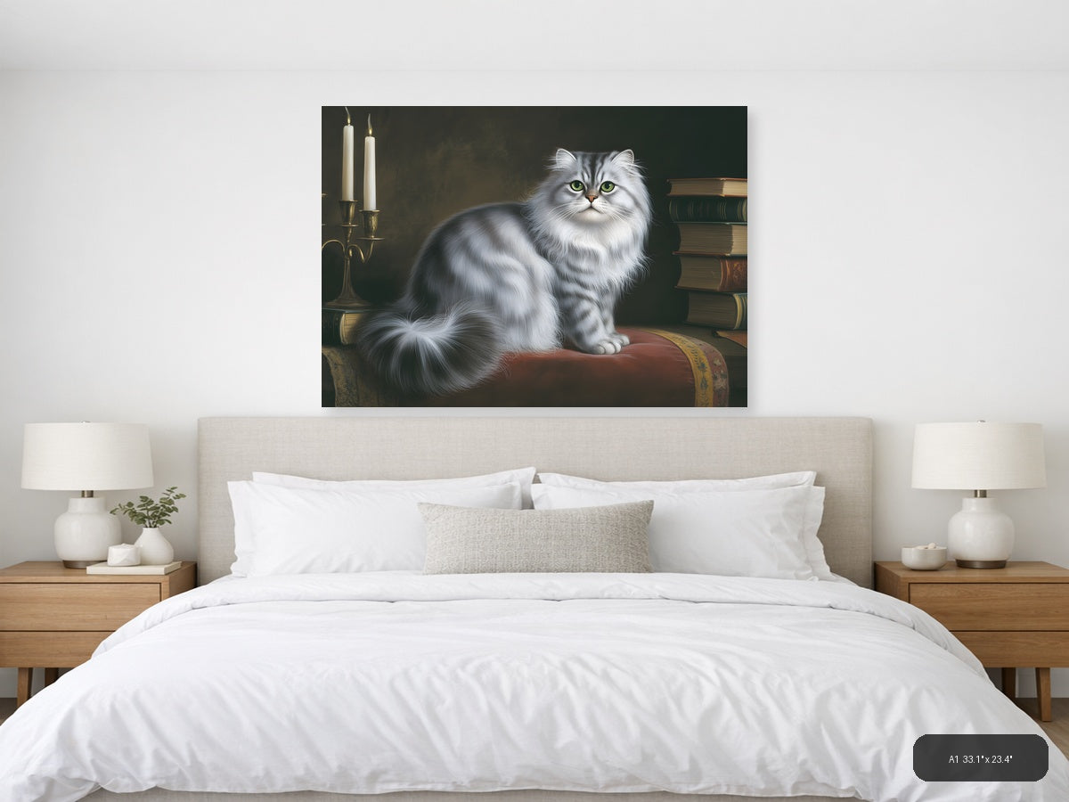 White Fluffy Cat with Green Eyes Portrait Photography Wall Art — A1 / Bedroom