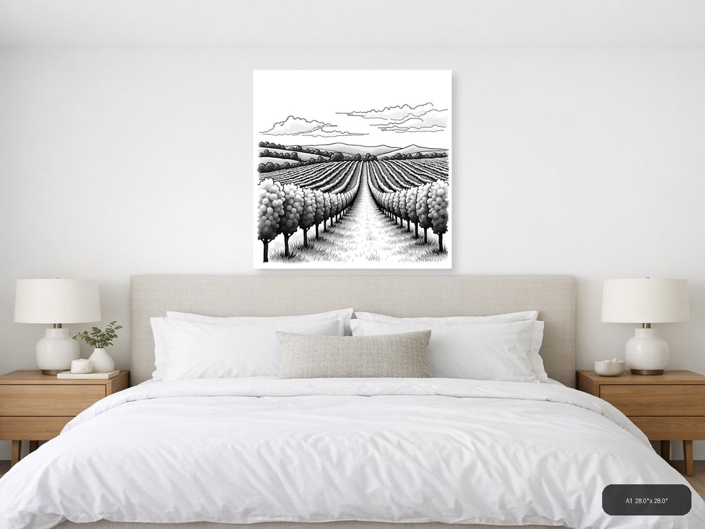 Vineyard Rows Line Art Landscape Wall Art — A1 / Bedroom