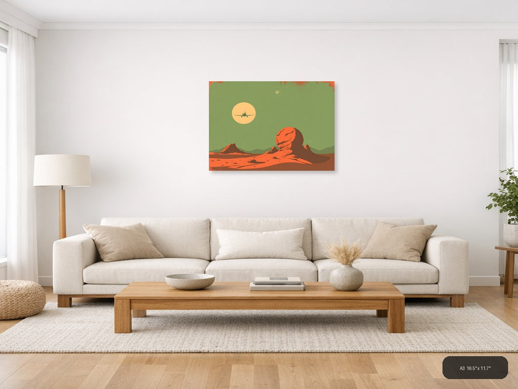 Vintage Mars Landscape Aircraft Silhouette Wall Art — A3 / Living Room