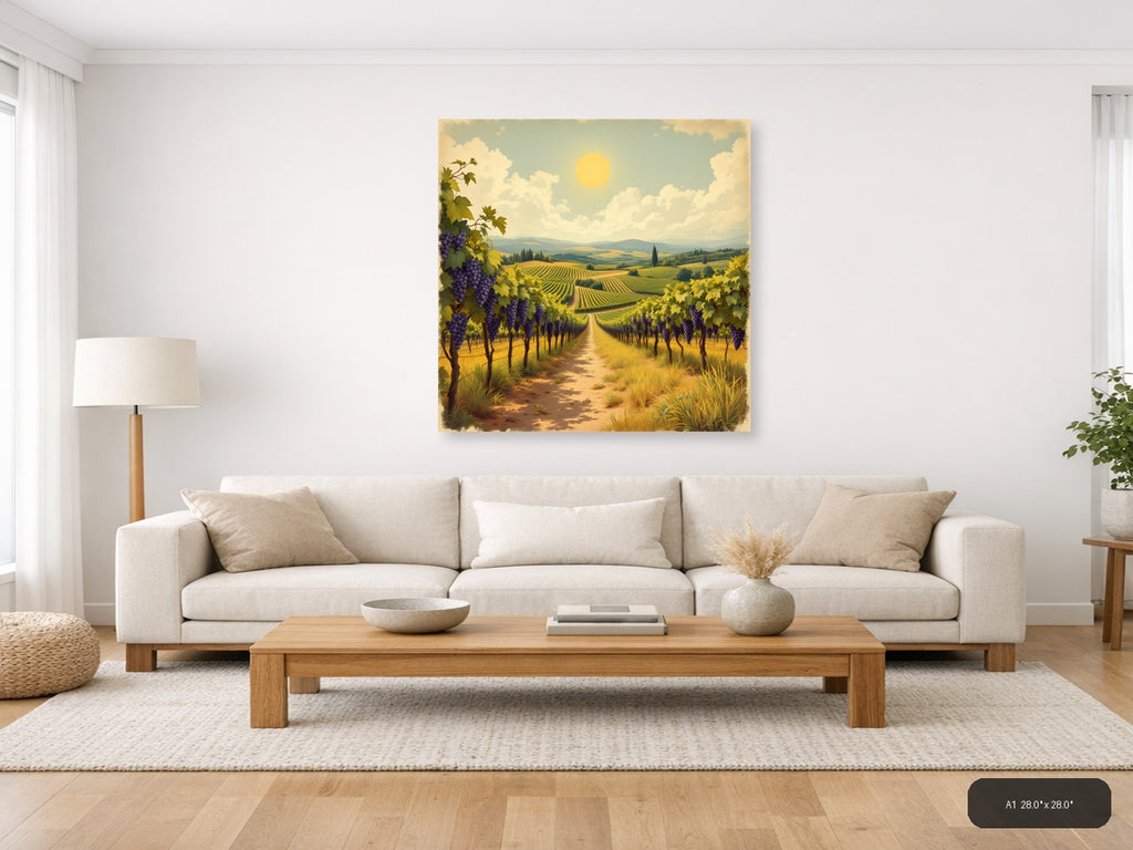 Vintage Tuscan Vineyard Landscape with Purple Grapes Wall Art — A1 / Living Room