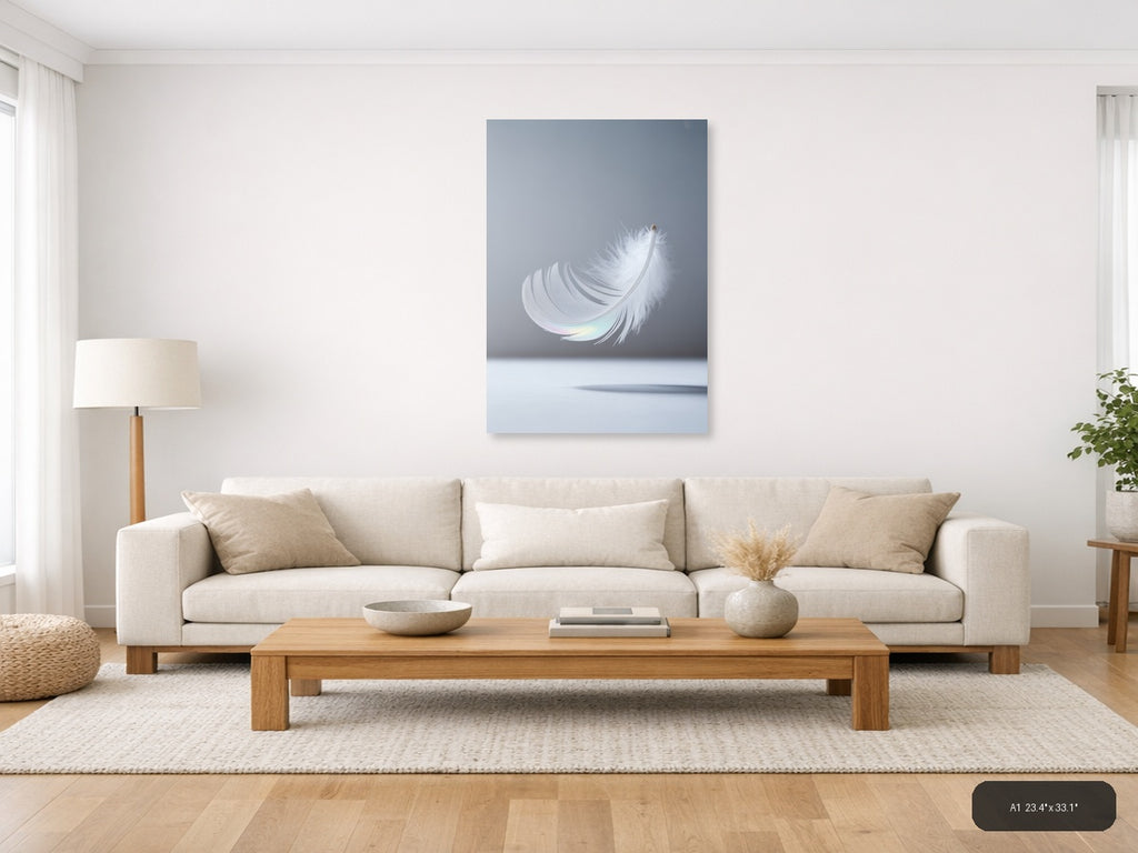 White Feather with Iridescent Light - Minimalist Wall Art — A1 / Living Room