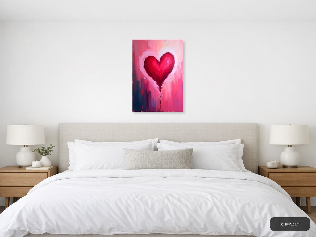 Red Heart Abstract Brushstroke Pink Wall Art — A2 / Bedroom