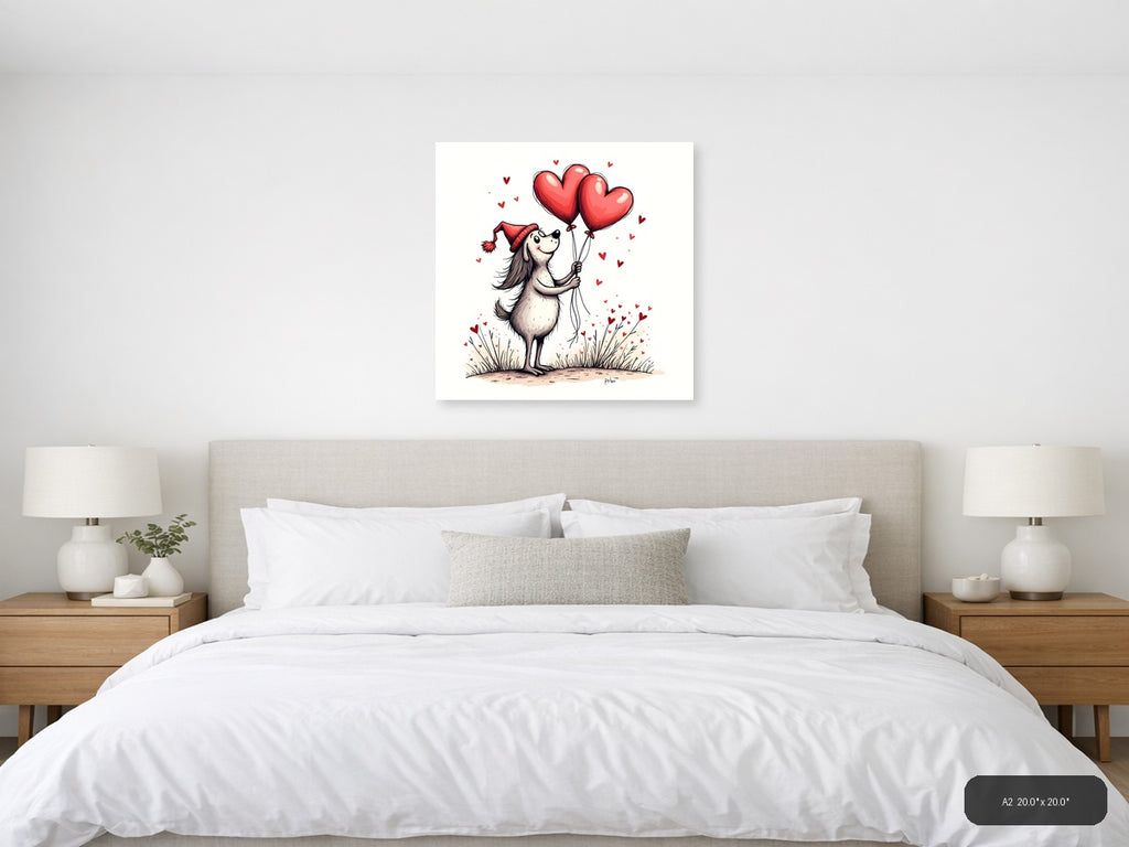 Whimsical Dog with Heart Balloons Line Art Wall Art — A2 / Bedroom