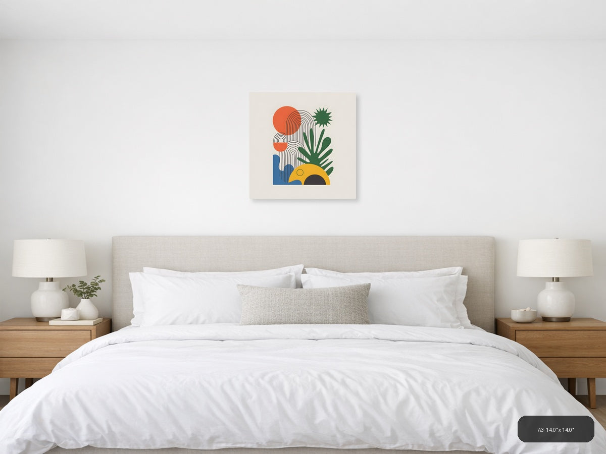 Abstract Cactus Line Art with Sun & Geometric Shapes Wall Art — A3 / Bedroom