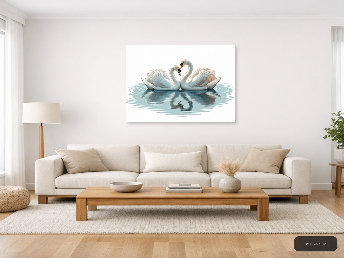 Two White Swans Forming Heart Minimalist Wall Art — A2 / Living Room