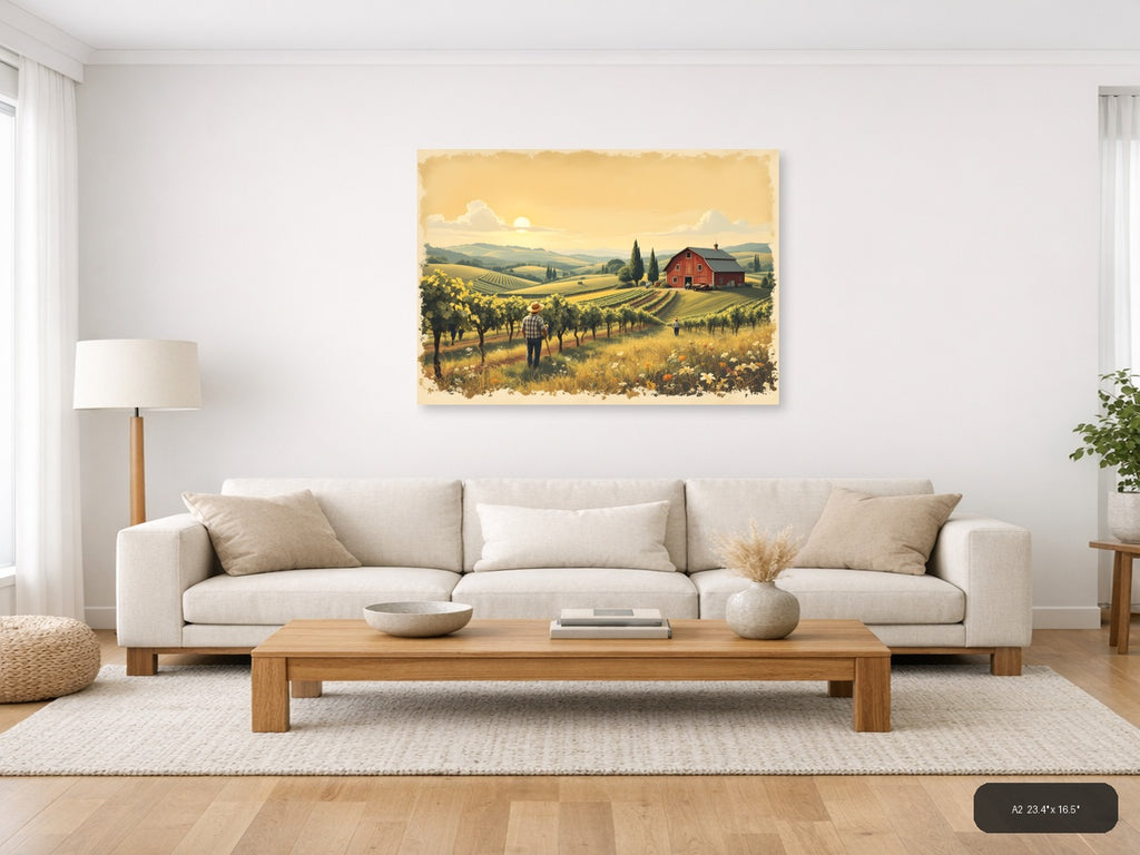Vintage Vineyard Farm Landscape with Red Barn Wall Art — A2 / Living Room