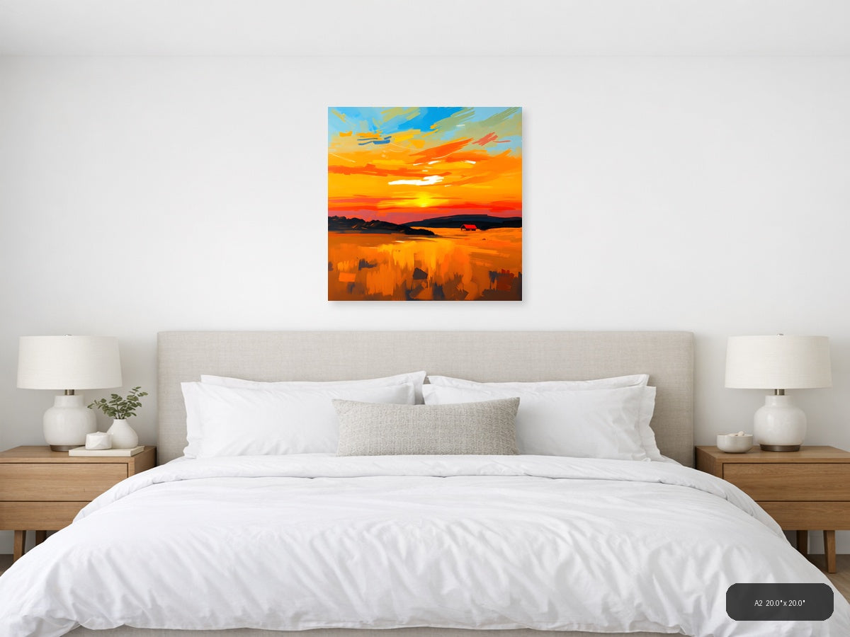 Abstract Sunset Landscape with Red Barn Wall Art — A2 / Bedroom