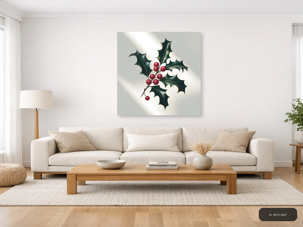 Holly Berries & Leaves Minimalist Square Wall Art — A1 / Living Room