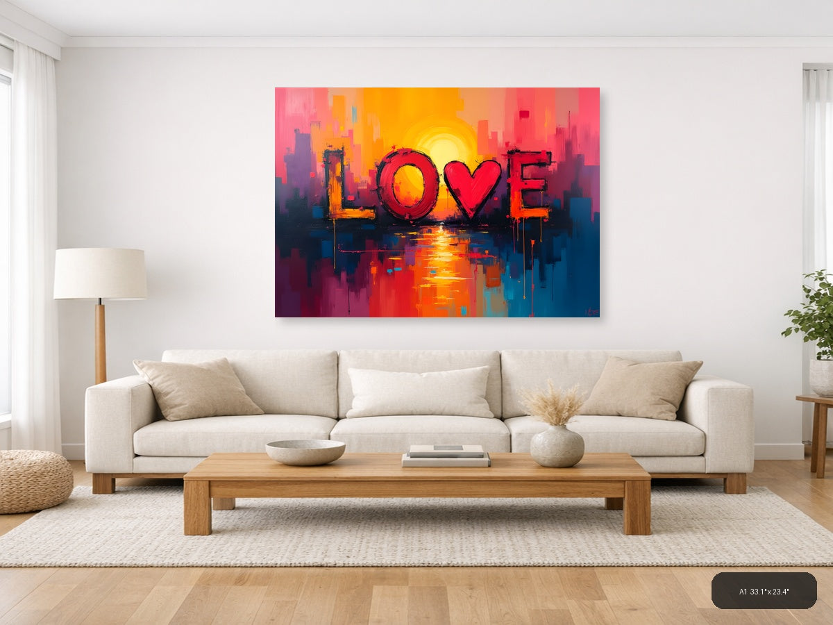 LOVE Abstract Sunset Cityscape Canvas Wall Art — A1 / Living Room
