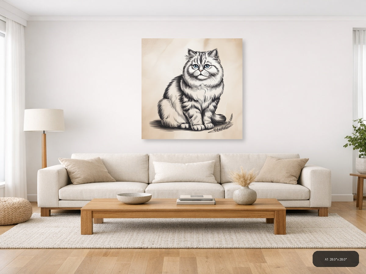 Fluffy Cat with Blue Eyes Line Art Wall Art — A1 / Living Room