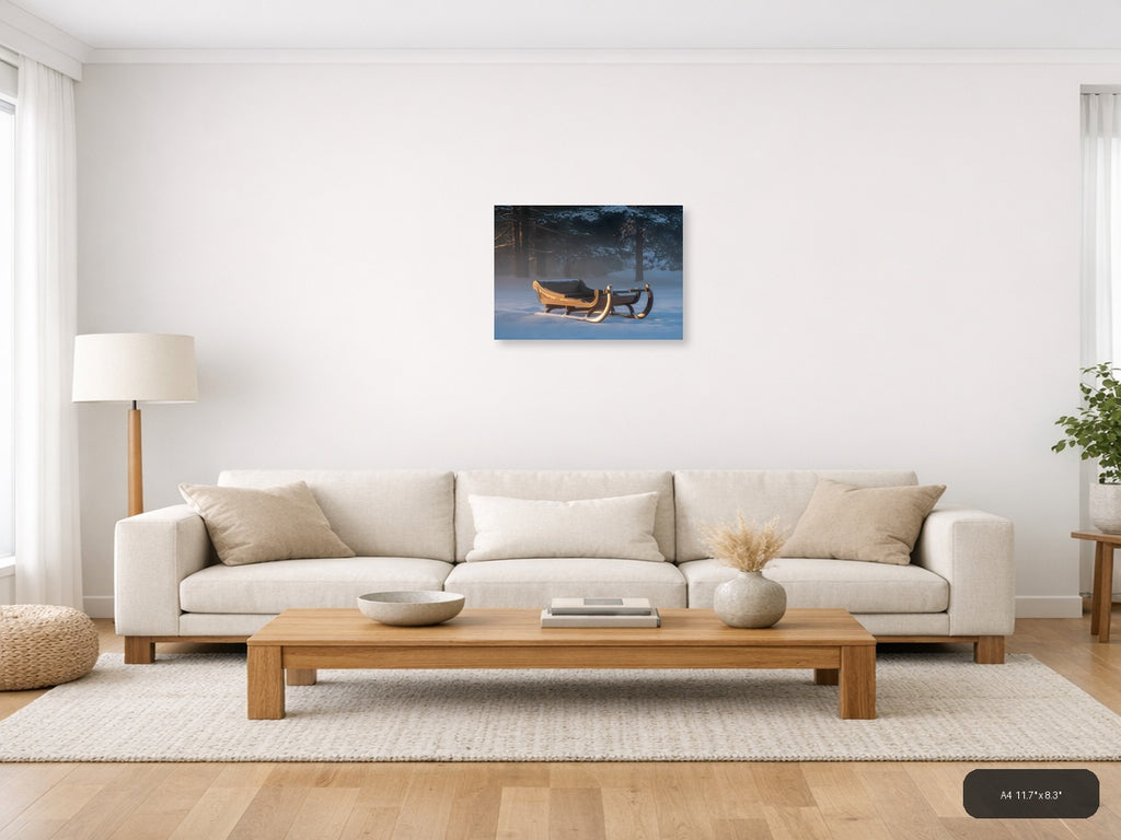Golden Sleigh in Winter Forest Snow Photography Wall Art — A4 / Living Room