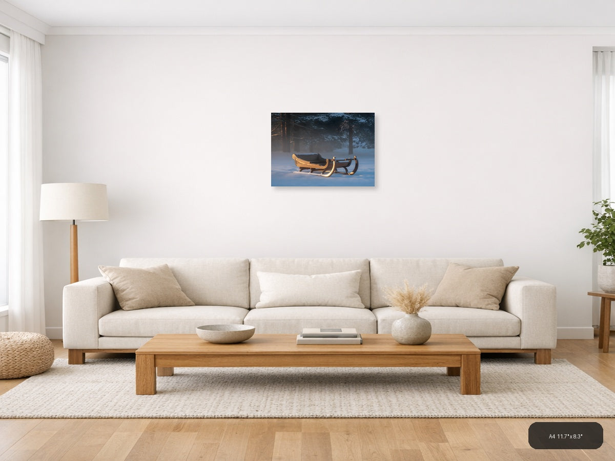 Golden Sleigh in Winter Forest Snow Photography Wall Art — A4 / Living Room
