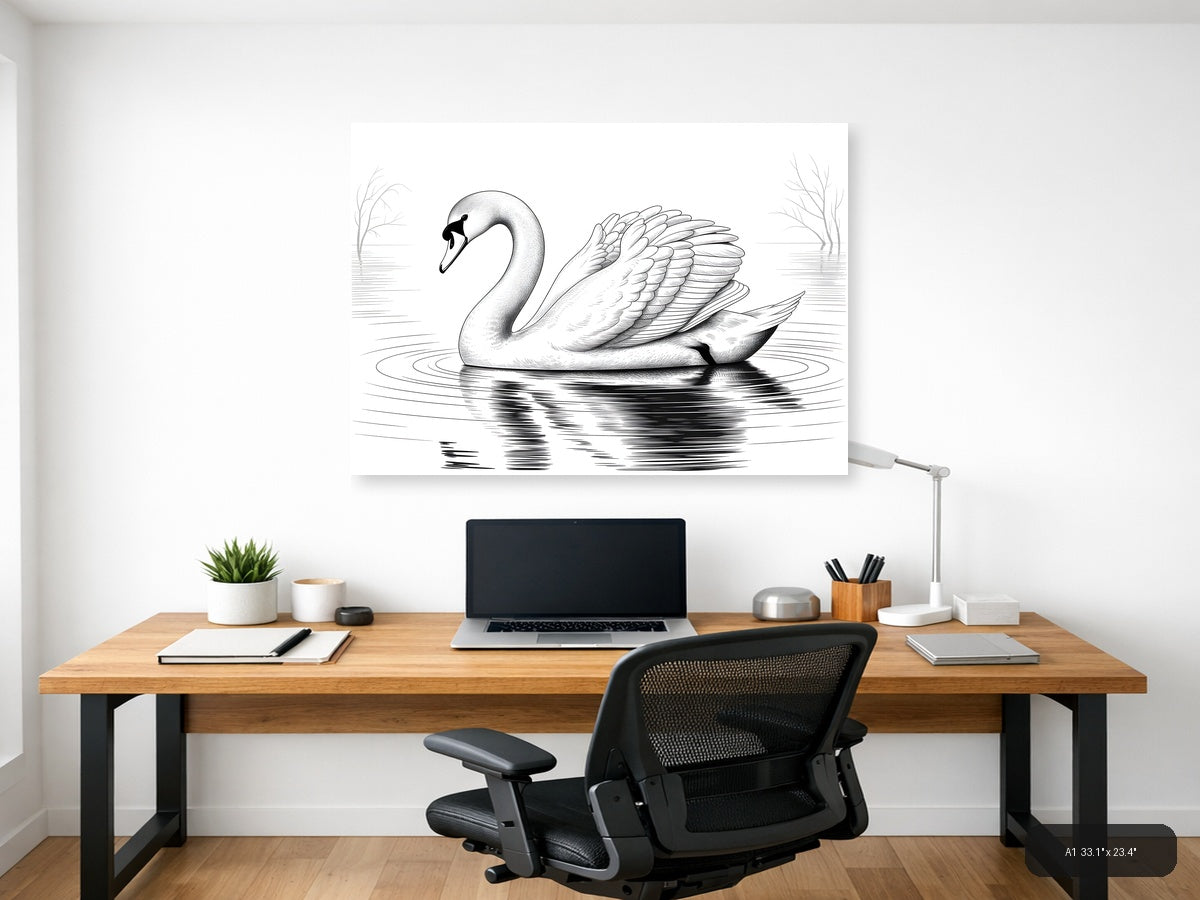 Elegant Swan Line Art Drawing - Black & White Wall Art — A1 / Office