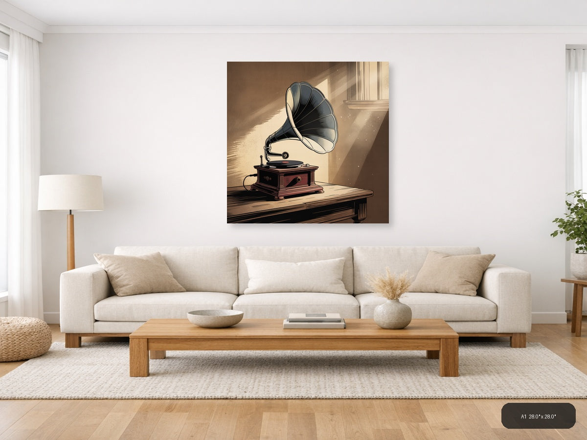 Vintage Gramophone with Sunlit Window Wall Art — A1 / Living Room