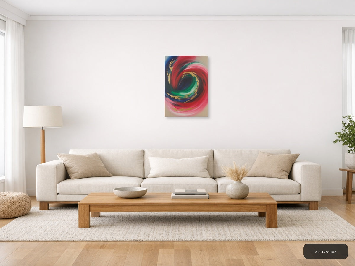 Abstract Swirl Red Green Gold Modern Wall Art — A3 / Living Room