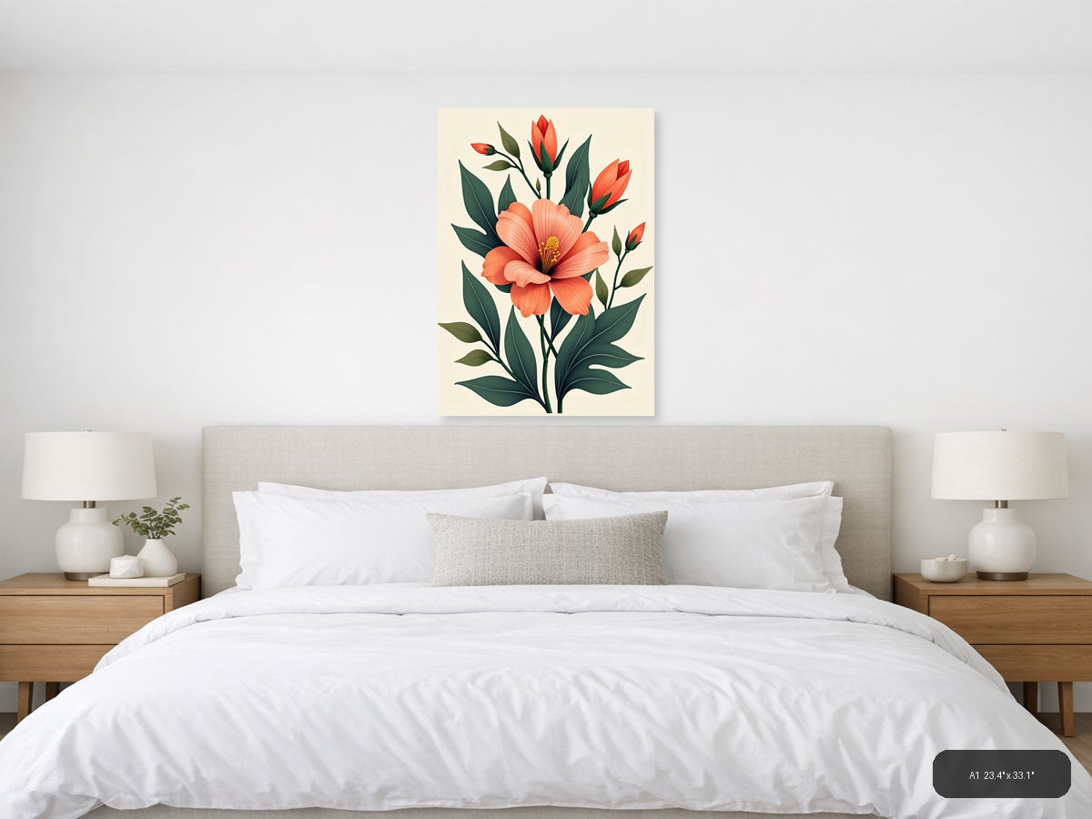 Coral Hibiscus Botanical Illustration Portrait Wall Art — A1 / Bedroom