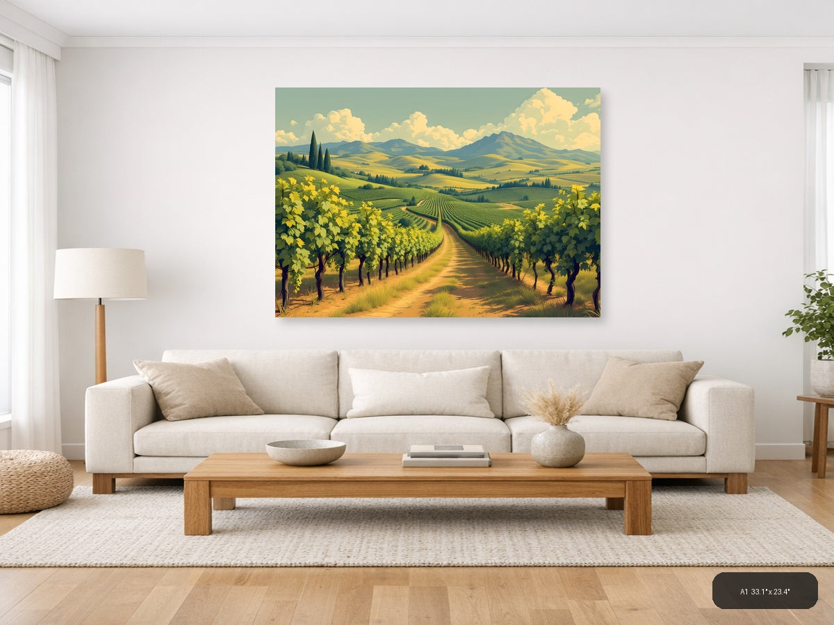 Vintage Tuscan Vineyard Landscape with Mountains Wall Art — A1 / Living Room