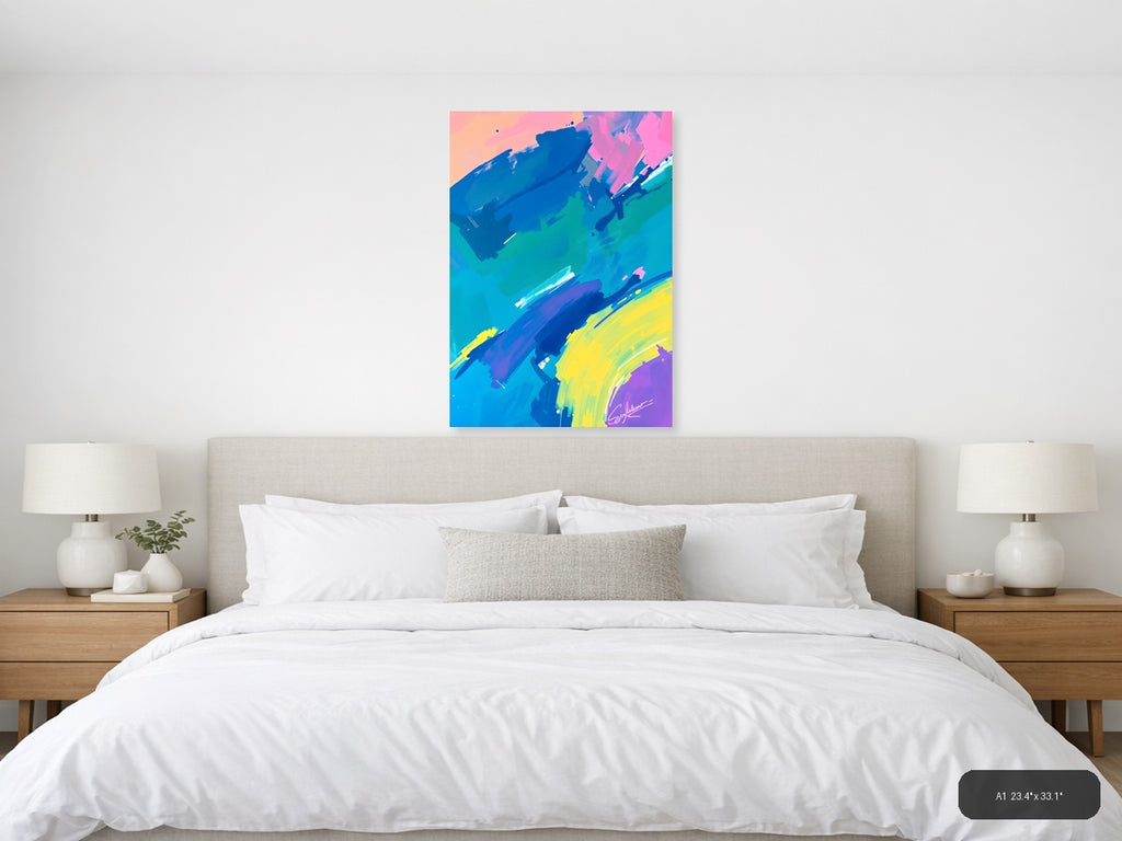 Vibrant Abstract Brushstrokes Neon Blue Pink Yellow Wall Art — A1 / Bedroom