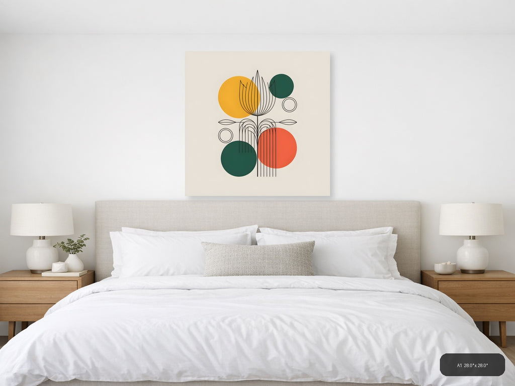 Abstract Botanical Line Art with Geometric Circles Wall Art — A1 / Bedroom