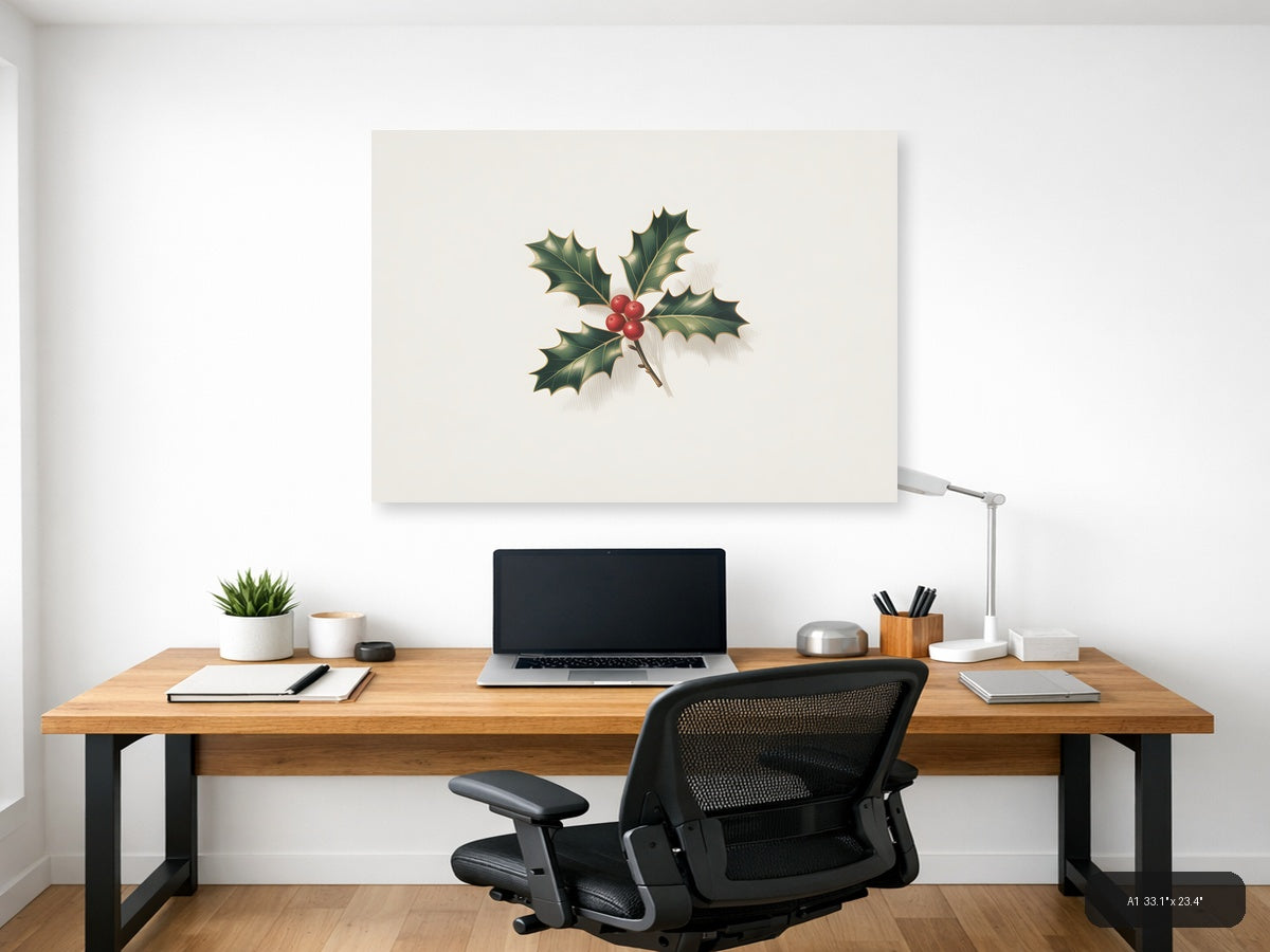 Holly Leaves and Red Berries Minimalist Wall Art — A1 / Office