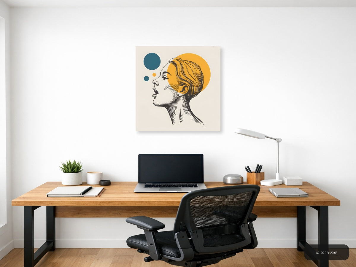 Modern Line Art Portrait with Yellow Circle Wall Art — A2 / Office