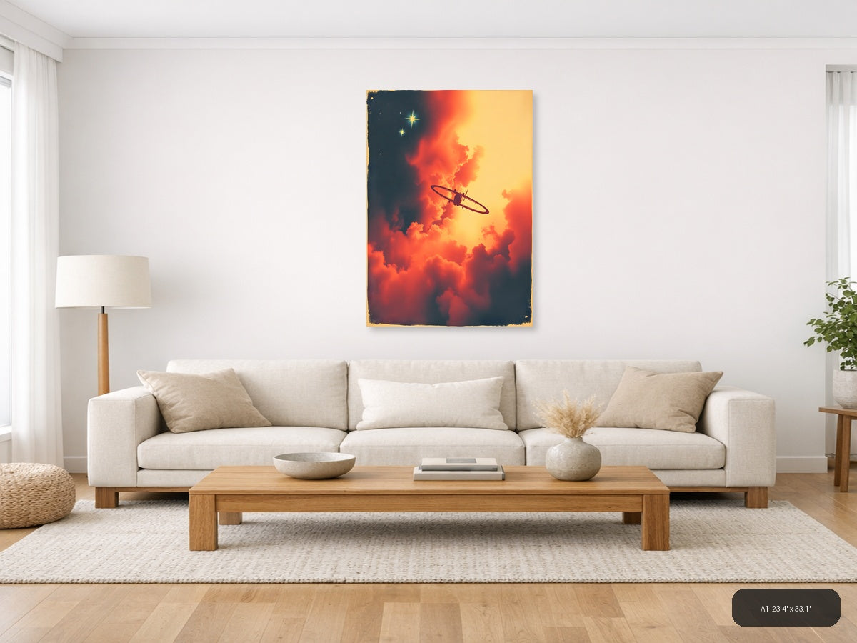Vintage Spitfire Plane Sunset Clouds Wall Art — A1 / Living Room
