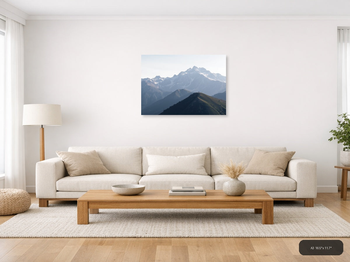 Solitary Hiker Mountain Peak Landscape | Minimalist Canvas Wall Art — A3 (Living Room)