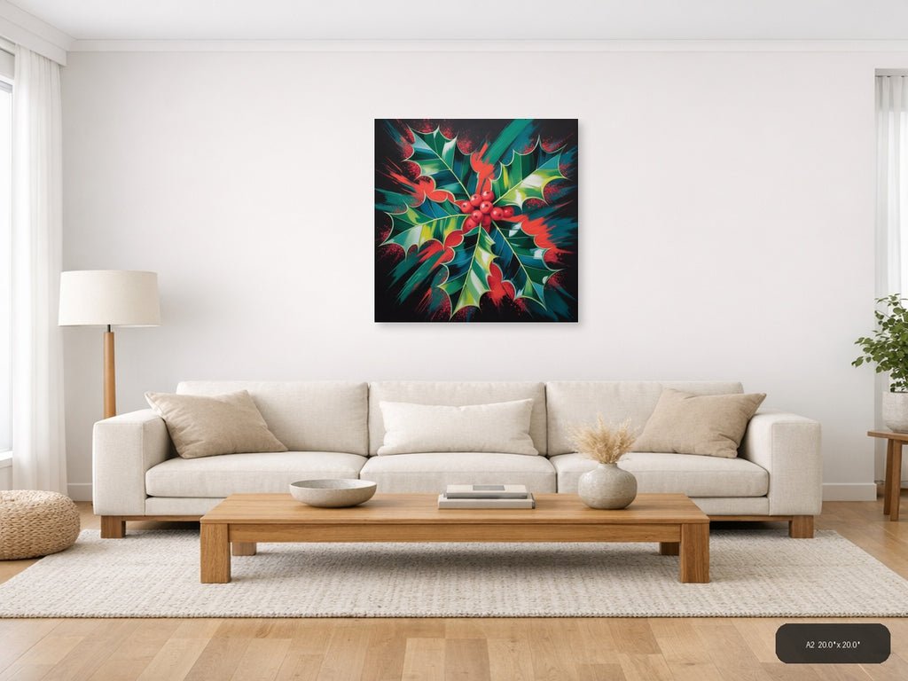 Abstract Holly Berry Red Green Festive Modern Wall Art — A2 / Living Room