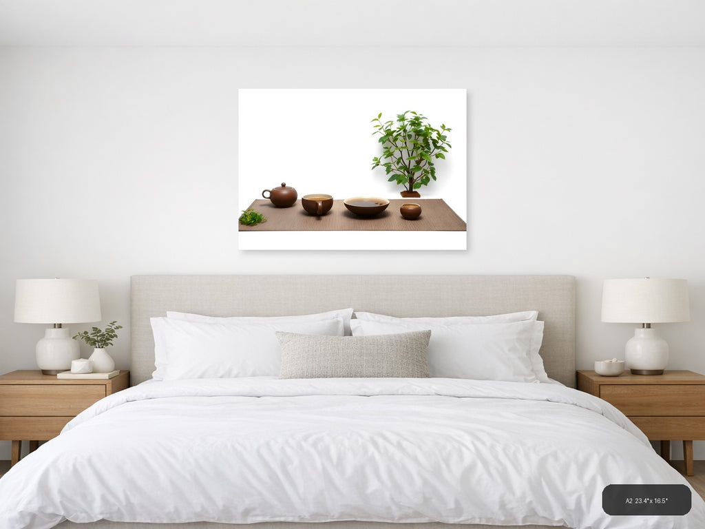 Minimalist Tea Ceremony Setup with Green Plant Wall Art — A2 / Bedroom