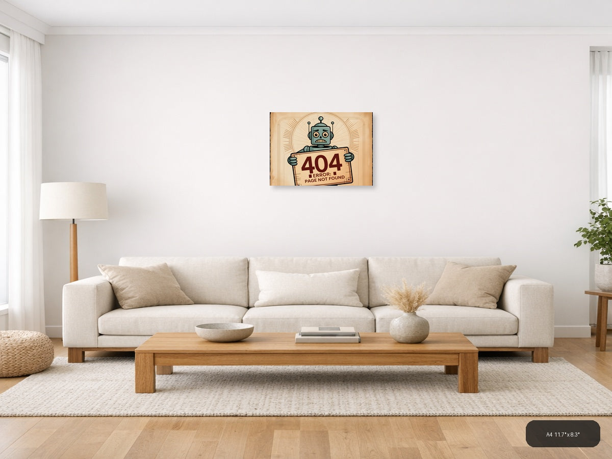 Vintage Retro Robot 404 Error Message Wall Art — A4 / Living Room