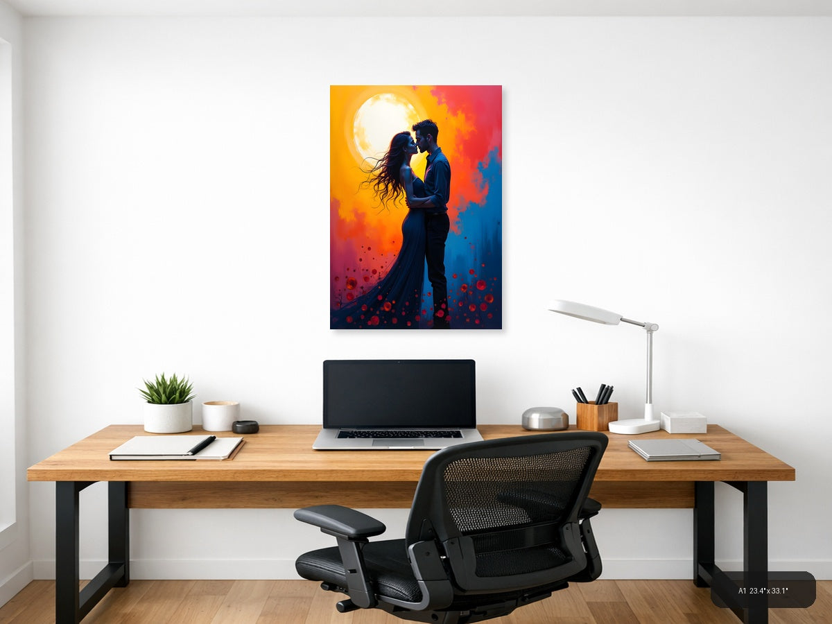 Romantic Couple Moon Silhouette Abstract Wall Art — A1 / Office