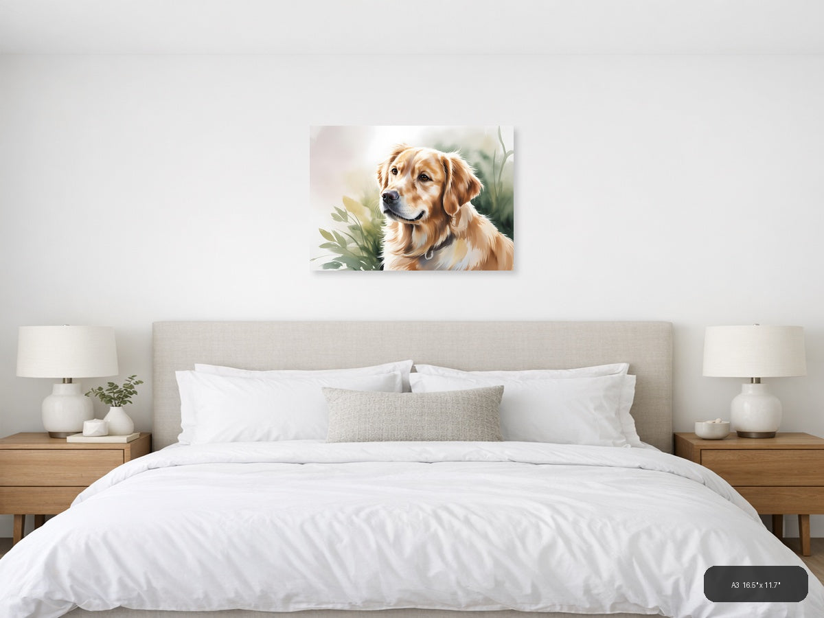Golden Retriever Portrait Watercolor Wall Art — A3 / Bedroom