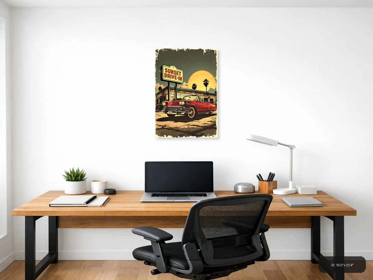 Sunset Drive-In Vintage Red Car Wall Art — A2 / Office