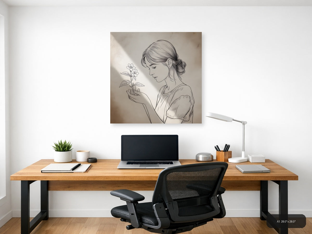 Woman with Flower Line Art Drawing Wall Art — A1 / Office
