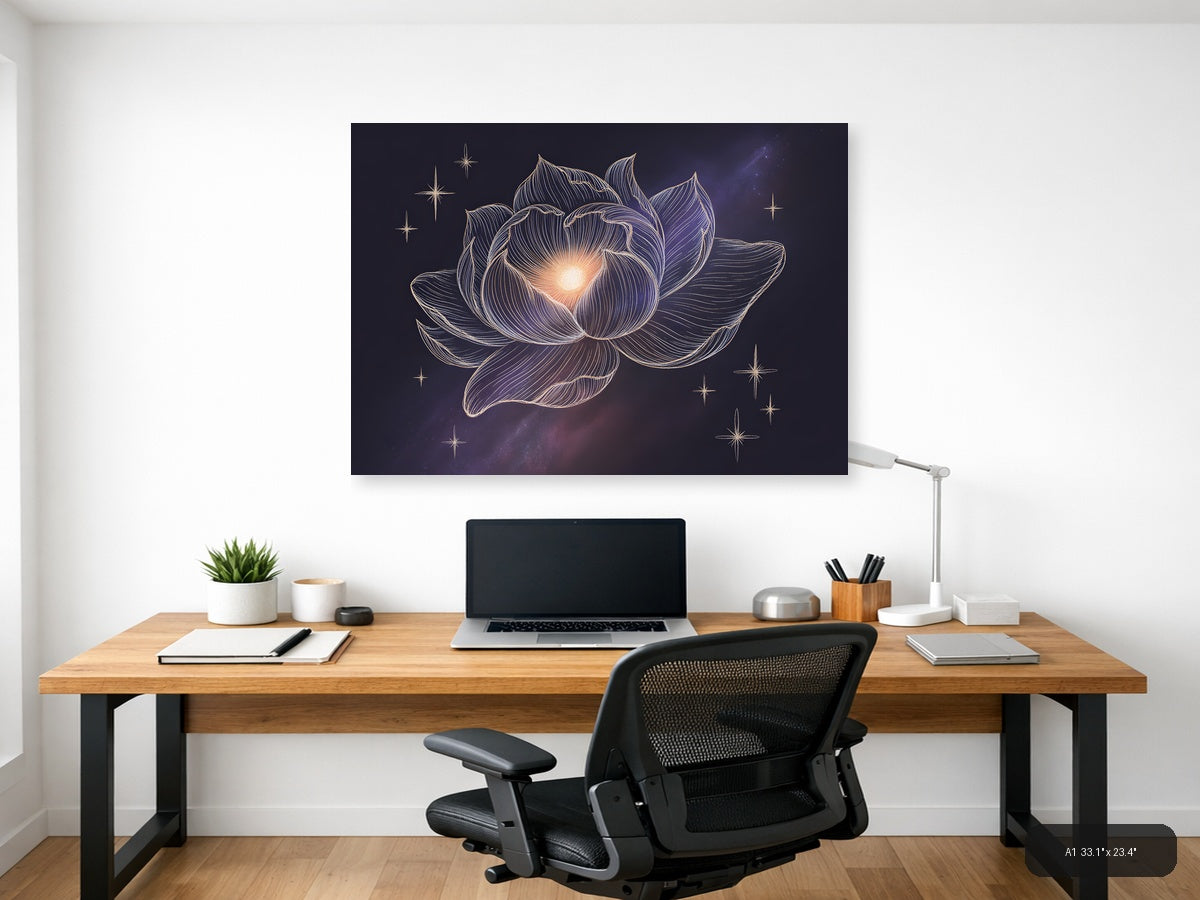 Glowing Lotus Flower Line Art With Stars Wall Art — A1 / Office