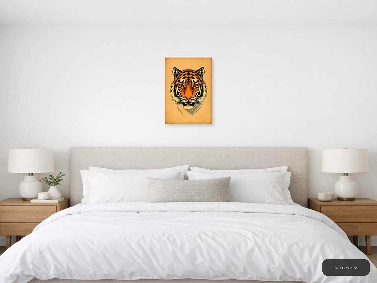 Vintage Tiger Head Portrait Orange Wall Art — A3 / Bedroom