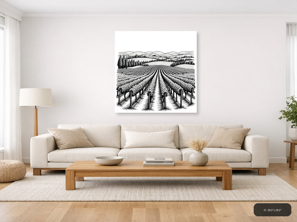 Blooming Field Line Art - Agricultural Landscape Wall Art — A1 / Living Room