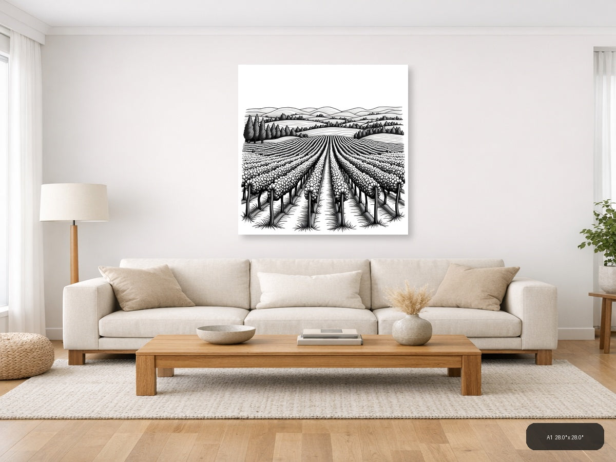 Blooming Field Line Art - Agricultural Landscape Wall Art — A1 / Living Room