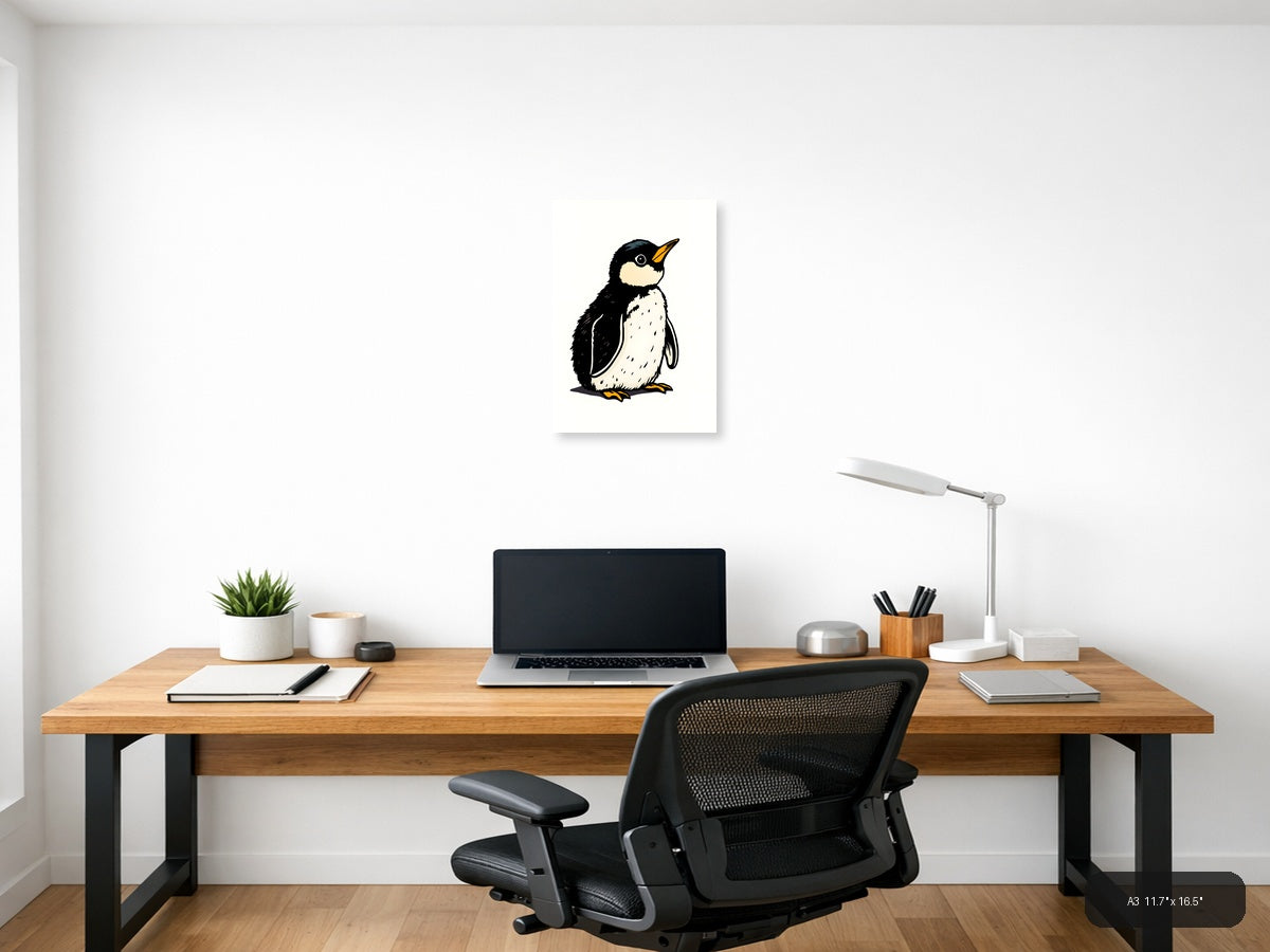 Vintage Penguin Illustration Black White Wall Art — A3 / Office