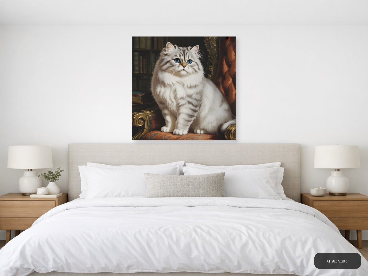 Vintage White Persian Cat Blue Eyes Library Wall Art — A1 / Bedroom