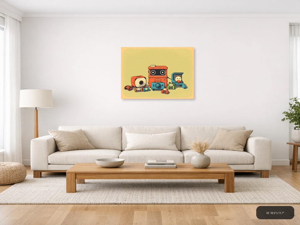 Vintage Robot Toys & Cameras Illustration Wall Art — A3 / Living Room