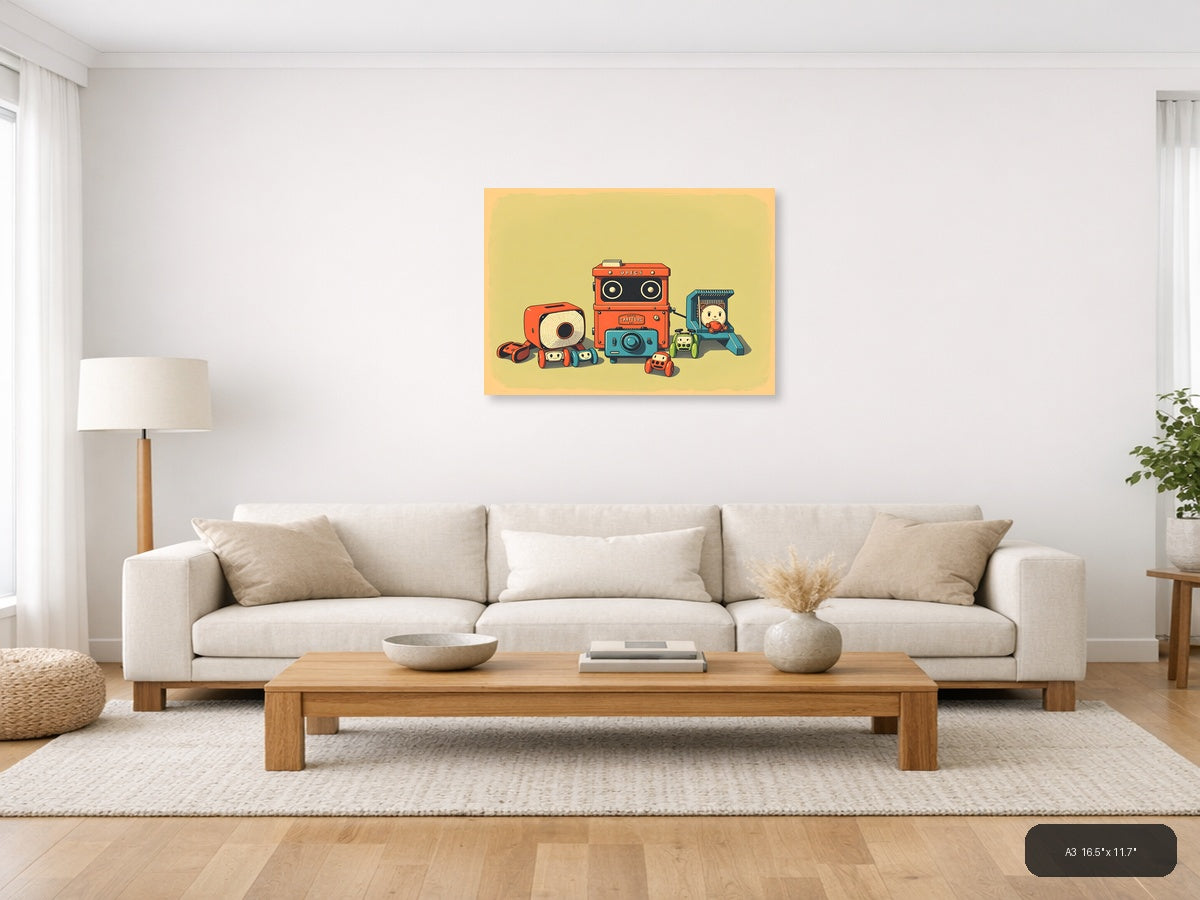 Vintage Robot Toys & Cameras Illustration Wall Art — A3 / Living Room